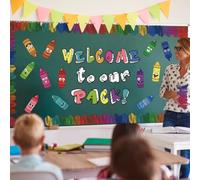 PureBowlic 79PCS Back To School Bulletin Board Decorations Set For 3D Crayon Cutouts And Letters, Vibrant Borders For Classroom Kindergarten Party Door Window Decor