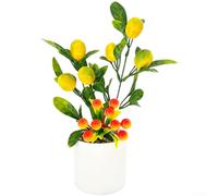 PureBowlic Artificial Fruit Bonsai in Bubble Round Stone Vase Realistic Faux Fruit Arrangement with Lifelike Orange Lemon Pear and Pomegranate Decorative Table Plant for Living Room(Lemon)