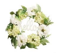 PureBowlic Artificial Green Hydrangea Wreath With Hello Sign 40Cm Silk Flower Circle For Front Door Wall Indoor Outdoor Wedding Party Home Decoration