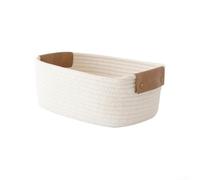 PureBowlic Compact portable woven storage basket made of cotton rope with leather handles, for organizing toys and small personal items indoors (White L)
