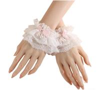 PureBowlic Gothic Lace Wrist Cuffs With Pearl Bow Accents, Elegant Arm Warmers For Women, Delicate Fingerless Gloves For Cosplay Party Daily Wear, White(Pink)