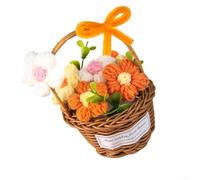 PureBowlic Handmade Crochet Flower Bouquet, Knitted Daisy Basket In Wicker For Decor, Wedding & Birth, Compact 11X13cm Table Centerpiece, Charming Artificial Floral Arrangement For Office Desk