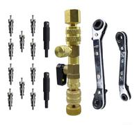 PureBowlic HVAC Valve Core Remover Tool With Hex Adapter Curved Wrench Alloy Steel AC Repair Kit Compatible With 1/4 5/16 SAE Ports Gold Finish Includes 15 Pieces For Air Conditioning Maintenance