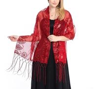 PureBowlic Shawl Stage Fringe Trim Wrap Weddings Parties Stole | Women's Embroidered Elegant Floral Lightweight Evening Sequin Tulle Mesh Performances Stage Black White Gold Maroon