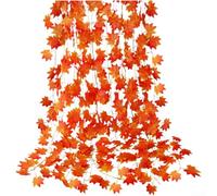 PureBowlic Vines Maple Leaf Thanksgiving Party Garland Home Decor | Artificial Hanging Realistic Ceiling Rustic Window Mantel Plastic Autumn Harvest Foliage Room Accents Pack Red