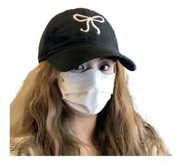 PureBowlic Women's Korean Style Baseball Cap With Cute Pink Bow, 7Cm Wide Brim Sun Hat, Adjustable Cotton Blend Breathable Visor For Summer Travel(Black)