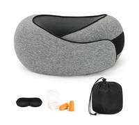Purecas 360° Memory Foam Travel Pillow for Adults | Adjustable Neck Support for Long Flights, Train & Car Journeys | Includes Carry Case, Eye Mask & Ear Plugs for Complete Travel Comfort(Light Grey)
