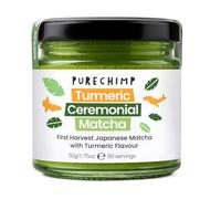 PureChimp Ceremonial Grade Matcha Powder Turmeric Flavour 50g. 100% Pure Green Tea with Turmeric, Cinnamon & Ginger. Shade-Grown for Golden Latte & Recipes. Recyclable Glass Jar. Antioxidant-Rich.