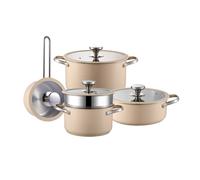 PURECOOK Colored Ceramic-Coated 304 Stainless Steel 4-Piece Cookware Set Series 16cm Milk Pot, 18cm Soup Pot with Steamer Insert , 22cm Hot Pot, 24cm Stock Pot - Beige Ceramic Coating, Multi-Ply Base,