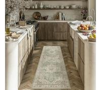 PureCozy 2x6 Green Runner Rug Washable Non-Slip,Hallway Kitchen Vintage Distressed Long Carpet,Floral Vintage Distress Print Pattern Medallion Rugs for Office Laundry Bathroom Dining Living Room