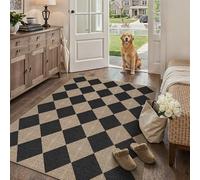 PureCozy 4x6 Checkered Easy Jute Area Rug for Living Room Checkerboard Washable Indoor Outdoor Carpet Farmhouse Patio Office Mat Textured Diamond Non Slip Black Carpet for Dorm Backyard Dining Room