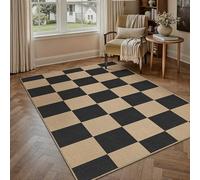 PureCozy 4x6 Checkered Easy Jute Carpet Outdoor Patio Rug Washable Rugs for Entryway Checkerboard Indoor Outdoor Living Room Carpet, Farmhouse Neutral Non Slip Black Door Mat for Backyard Bedroom