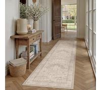 PureCozy Beige 2x8 Washable Runner Rug Non-Slip Floral Vintage Distress Print Pattern Medallion Hallway Lightweight Thin Low Pile Soft Indoor Rug for Kitchen Laundry Room Entryway Bedside