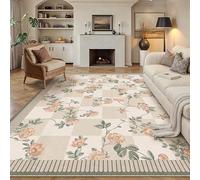 PureCozy Rugs Living Room Washable Flower Area Large Rug 240x300cm Non Slip Checkered Modern Floral Low Pile Carpet Dining Room Bedroom Kitchen Hall Lounge Office, Beige&Green