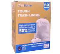pureHome Tough Trash Bags J, Compatible with simplehuman Code J (50 Count) 8-12 Gallon / 30-45 Liter, White Drawstring Garbage Liners