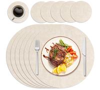 Purejoy Round Placemats and Coaster Sets 6, Christmas Table Mats PU Leather Heat-Resistant Washable and Non-Slip, ø35 cm Dinner Table Mats Set of 6 for Kitchen Mat Table Indoor (Beige)