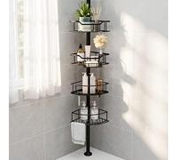 Purejoy Tension Pole Shower Caddy, 4 Tier Corner Shower Caddy with Soap Holder, Hooks & Towel Bar, Adjustable Telescopic Shower Shelves, Metal Bathroom Storage Organiser for Flat Ceilings, Black