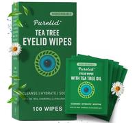 PURELID Tea Tree Eyelid Wipes - 100 Tea Tree Oil Eye Wipes for People with Dry Eyes & Allergies - Gentle Eyelid Cleanser with Hyaluronic Acid - Individually Wrapped & Biodegradable