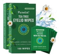 PURELID Tea Tree Eyelid Wipes - 100 Tea Tree Oil Eye Wipes for People with Dry Eyes & Allergies - Gentle Eyelid Cleanser with Hyaluronic Acid - Individually Wrapped & Biodegradable - 2 Pack