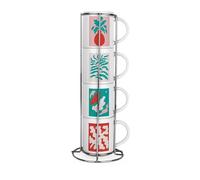 Purely Home Abstract Art Stacking Mugs Set - Colourful Plant Themed Gifts - Set of 4 Small Ceramic Mugs Gift Set with Metal Stand