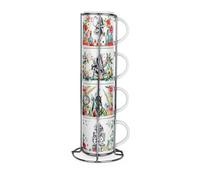 Purely Home Alices Adventures In Wonderland Stacking Mugs - Hatter White Rabbit Playing Cards Gift - Set Of 4 Ceramic Mugs With Metal Stand