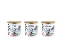 Purely Home Alice's Adventures In Wonderland Tea, Coffee & Sugar Canisters Set - White Rabbit Hatter Kitchen Gifts - Medium Enamel Containers