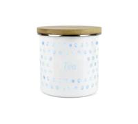 Purely Home Aqua Polka Dots Spots Tea Canister - White Metal Enamel Kitchen Food Storage Container