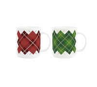 Purely Home Argyle Pattern Mug Gift, Red & Green Traditional Print - 400ml Tea/Coffee Bone China Cup Present, Set of 2