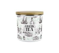 Purely Home Asian Scenes Ginger Tea Canister - White Metal Enamel Kitchen Food Storage Container