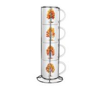Purely Home Autumn Trees Stacking Mugs Set - Autumnal Leaves Décor Present - Set Of 4 Ceramic Mugs Gift Set With Metal Stand