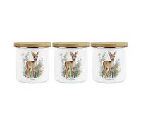 Purely Home Baby Deer Tea, Coffee & Sugar Storage Canisters Set - Wildlife Nature Themed Present - Metal Enamel Storage Container Gifts