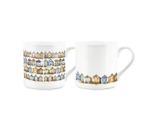 Purely Home Beach Huts Mug Set - Coastal Beach Seaside Themed Gift Present - Bone China Tea/Coffee Cups Set of 2