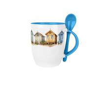 Purely Home Beach Huts Mug & Spoon Set - Coastal Seaside Souvenir Themed Gift - 300ml Light Blue Ceramic Drinks Cup Present for Beach Lovers