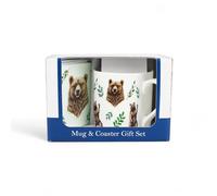 Purely Home Bear Mug & Coaster Gift Set - Grizzly Brown Bear Wild Animals Bone China Mug and Glass Coaster Set - Tea/Coffee Present