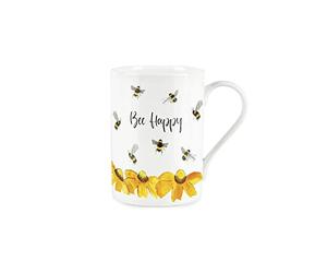 Purely Home Bee Happy Mug - Bees Jargon Bone China Style White Plants Coffee/Tea Present Gift for Bee Lovers