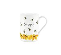 Purely Home Bee Happy Mug - Bees Jargon Fine Bone China Style White Plants Coffee/Tea Present Gift for Bee Lovers