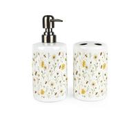Purely Home Bee Meadow Bathroom Set - Refillable Ceramic Soap Dispenser & Toothbrush Holder
