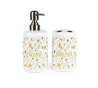 Purely Home Bee Meadow Bathroom Set - Text Refillable Ceramic Soap Dispenser & Toothbrush Holder
