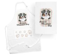 Purely Home Bernese Mountain Dog Apron & Tea Towel Kitchen Set - Portrait Gifts For Dog Lovers - Cooking and Baking Present Linen Sets