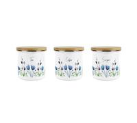 Purely Home Blooming Lovely Floral Tea, Coffee & Sugar Canisters Set - Purple Flowers Patterned Kitchen Gifts - Medium Metal Enamel Storage Containers 3 Pack