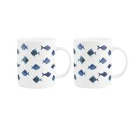 Purely Home Blue Fish Mugs Set - Set of 2 Aquatic Sealife Themed Gifts/Presents - White Bone China Coffee/Tea Hot Drinks Cups