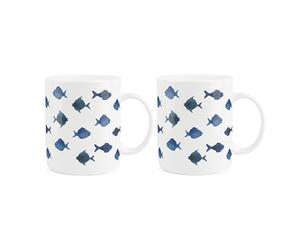 Purely Home Blue Fish Mugs Set - Set of 2 Aquatic Sealife Themed Gifts/Presents - White Bone China Coffee/Tea Hot Drinks Cups