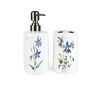 Purely Home Blue Flowers Bathroom Accessories Set - Pretty Floral Garden Gifts Refillable Ceramic Soap Dispenser & Toothbrush Holder