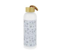 Purely Home Blue Oak Leaves & Berries Glass Water Bottle With Bamboo Lid