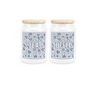 Purely Home Blue Oak Leaves & Berries Tea & Coffee Canister Set - Ceramic Kitchen Storage Containers with Wooden Lid 600ml (14.5cm x 9.5cm)