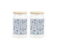 Purely Home Blue Oak Leaves & Berries Tea & Sugar Canister Set - Ceramic Kitchen Storage Containers with Wooden Lid 600ml (14.5cm x 9.5cm)