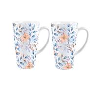 Purely Home Blue & Orange Watercolour Floral Large Latte Mugs - Set Of 2