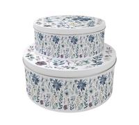 Purely Home Blue Pastel Flowers Set Of 2 Cake Tins Gift - Floral Nesting Round Large & Medium Metal Storage Containers For Cakes And Baking