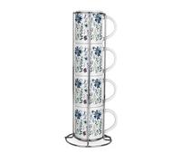 Purely Home Blue Pastel Flowers Stacking Mugs Set - Floral Presents for Her - Set of 4 Ceramic Mugs Gift Set with Metal Stand