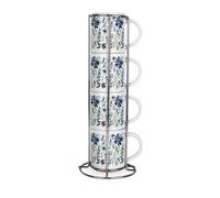 Purely Home Blue Pastel Flowers Stacking Mugs Set - Floral Presents For Her - Set Of 4 Ceramic Mugs Gift Set With Metal Stand